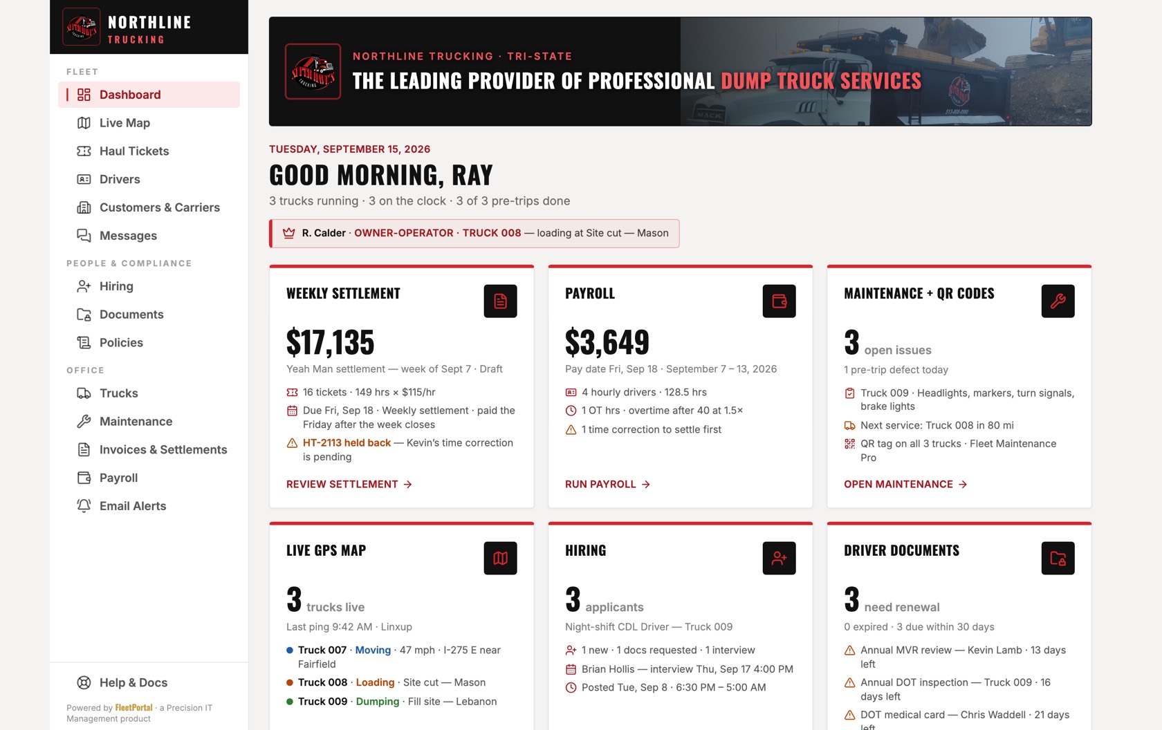 The FleetPortal office dashboard: weekly settlement, payroll, maintenance alerts, live GPS map, hiring and driver documents.